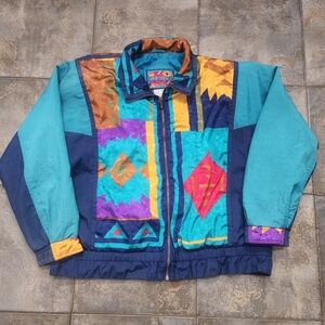 Vintage 90s Winterset Women's XL Aztec Colorblock Geometric Windbreaker Jacket